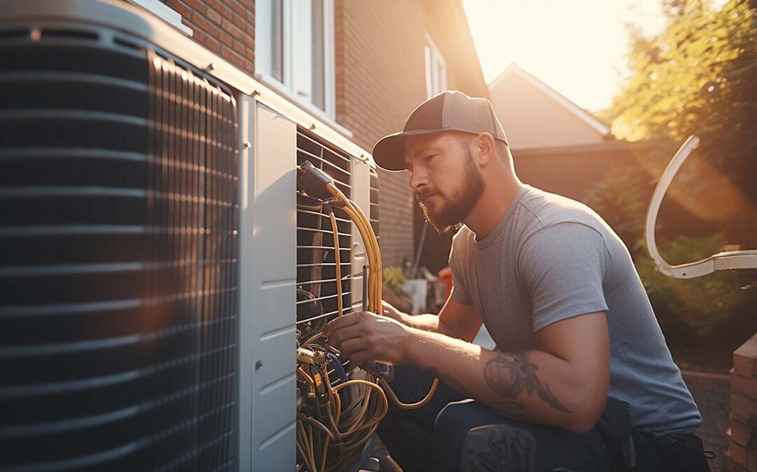 Electrician installing heat pump