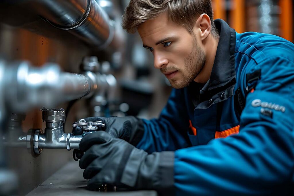 plumber repairs pipes under the sink