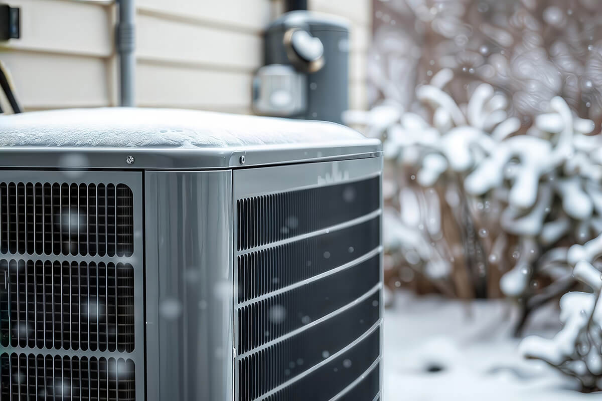 A heat pump unit covered in snow