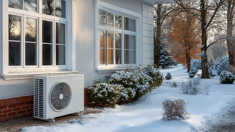 air source heat pump outside home in winter snow